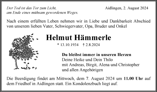 Traueranzeige von Helmut Hämmerle von Kreiszeitung Böblinger Bote