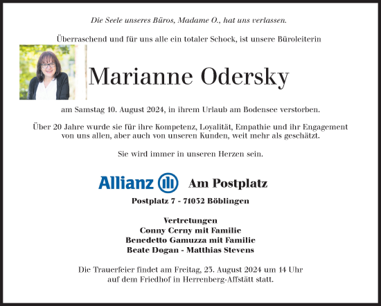 Traueranzeige von Marianne Odersky von Kreiszeitung Böblinger Bote