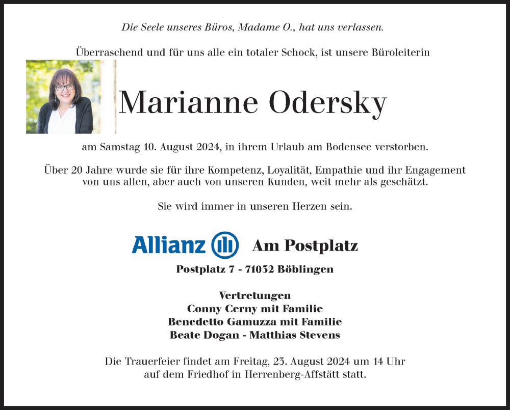  Traueranzeige für Marianne Odersky vom 16.08.2024 aus Kreiszeitung Böblinger Bote