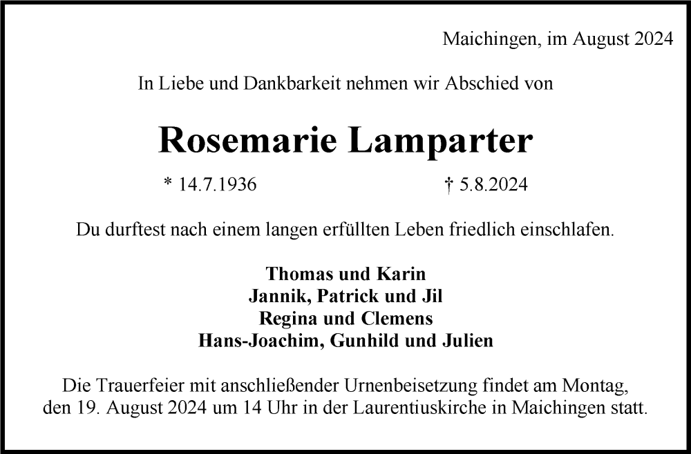  Traueranzeige für Rosemarie Lamparter vom 15.08.2024 aus Kreiszeitung Böblinger Bote