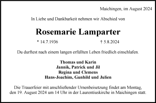 Traueranzeige von Rosemarie Lamparter von Kreiszeitung Böblinger Bote