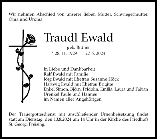 Traueranzeige von Traudl Ewald von Kreiszeitung Böblinger Bote