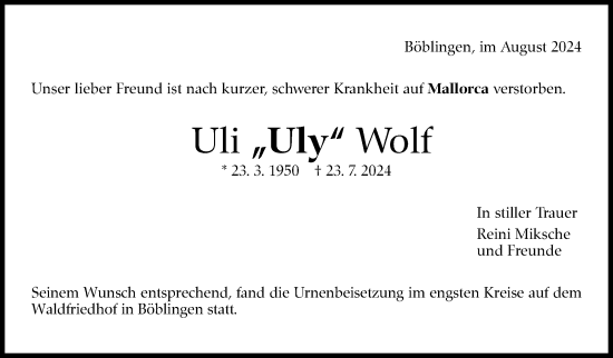Traueranzeige von Uli Wolf von Kreiszeitung Böblinger Bote