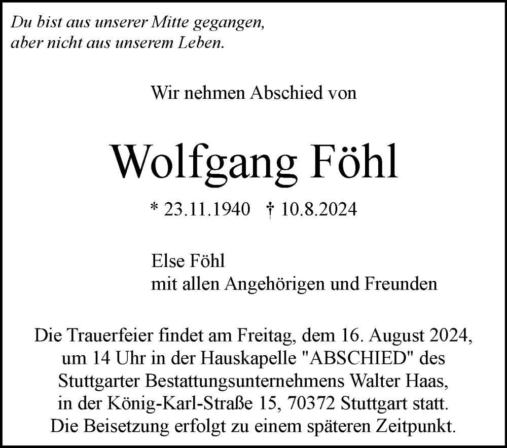  Traueranzeige für Wolfgang Föhl vom 14.08.2024 aus Kreiszeitung Böblinger Bote