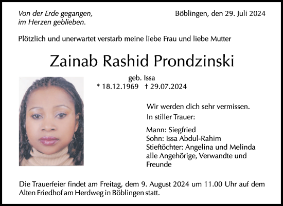 Traueranzeige von Zainab Rashid Prondzinski von Kreiszeitung Böblinger Bote
