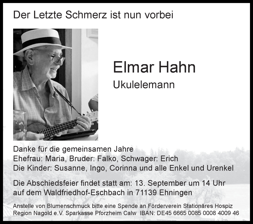  Traueranzeige für Elmar Hahn vom 07.09.2024 aus Kreiszeitung Böblinger Bote
