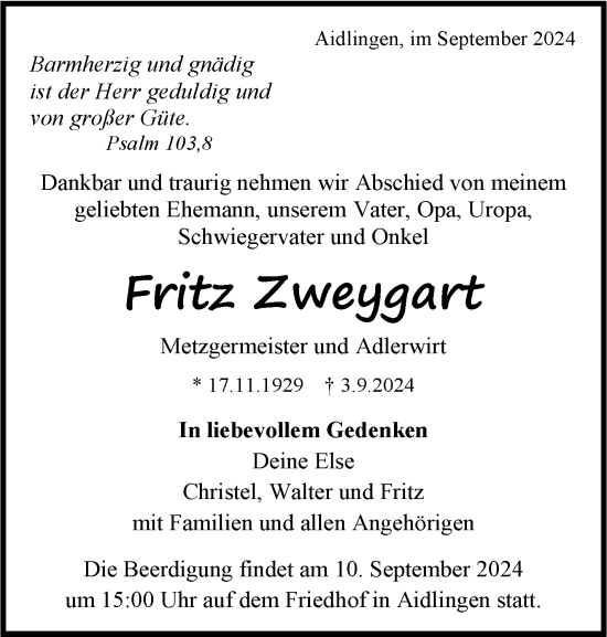 Traueranzeige von Fritz Zweygart von Kreiszeitung Böblinger Bote