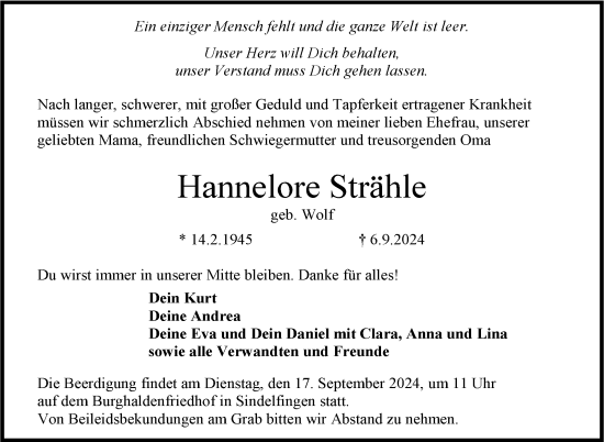 Traueranzeige von Hannelore Strähle von Kreiszeitung Böblinger Bote