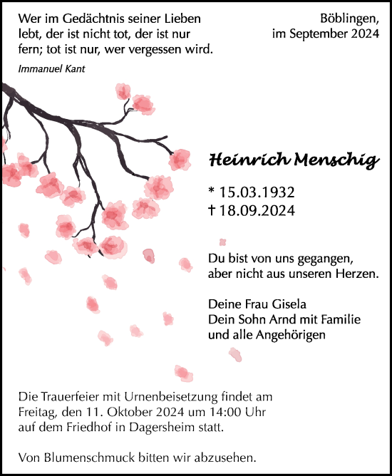 Traueranzeige von Heinrich Menschig von Kreiszeitung Böblinger Bote