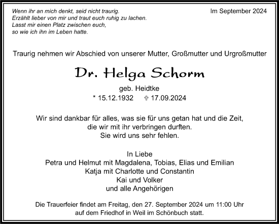 Traueranzeige von Helga Schorm von Kreiszeitung Böblinger Bote