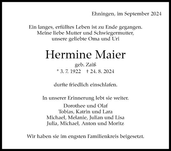 Traueranzeige von Hermine Maier von Kreiszeitung Böblinger Bote