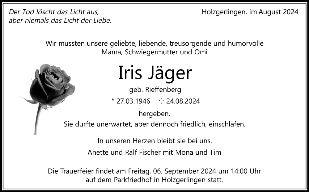  Traueranzeige für Iris Jäger vom 30.08.2024 aus Kreiszeitung Böblinger Bote