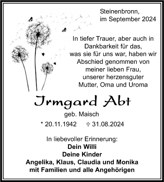 Traueranzeige von Irmgard Abt von Kreiszeitung Böblinger Bote