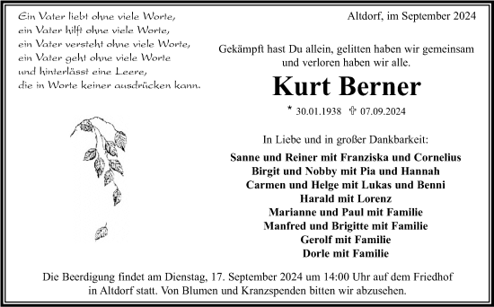 Traueranzeige von Kurt Berner von Kreiszeitung Böblinger Bote