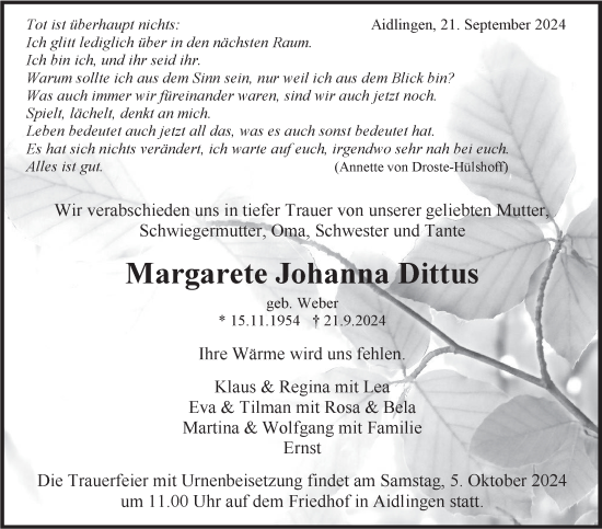Traueranzeige von Margarete Johanna Dittus von Kreiszeitung Böblinger Bote