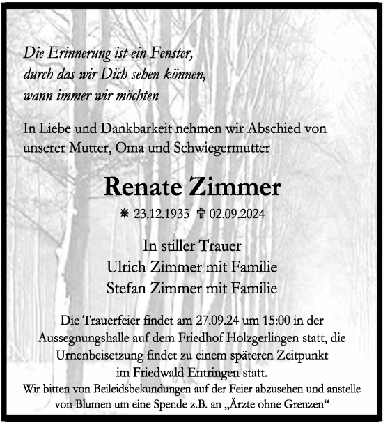 Traueranzeige von Renate Zimmer von Kreiszeitung Böblinger Bote
