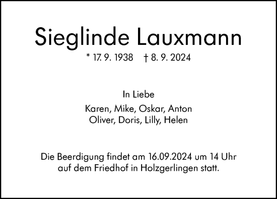 Traueranzeige von Sieglinde Lauxmann von Kreiszeitung Böblinger Bote