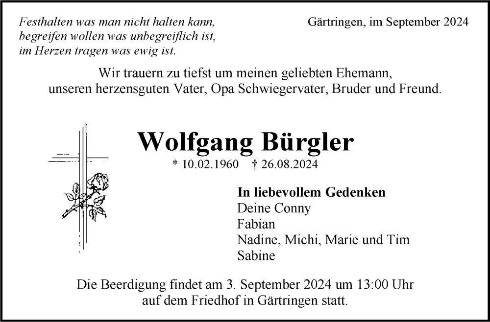  Traueranzeige für Wolfgang Bürgler vom 30.08.2024 aus Kreiszeitung Böblinger Bote