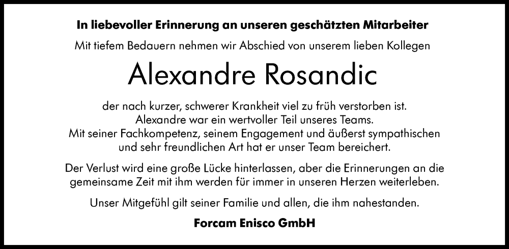  Traueranzeige für Alexandre Rosandic vom 18.01.2025 aus Kreiszeitung Böblinger Bote