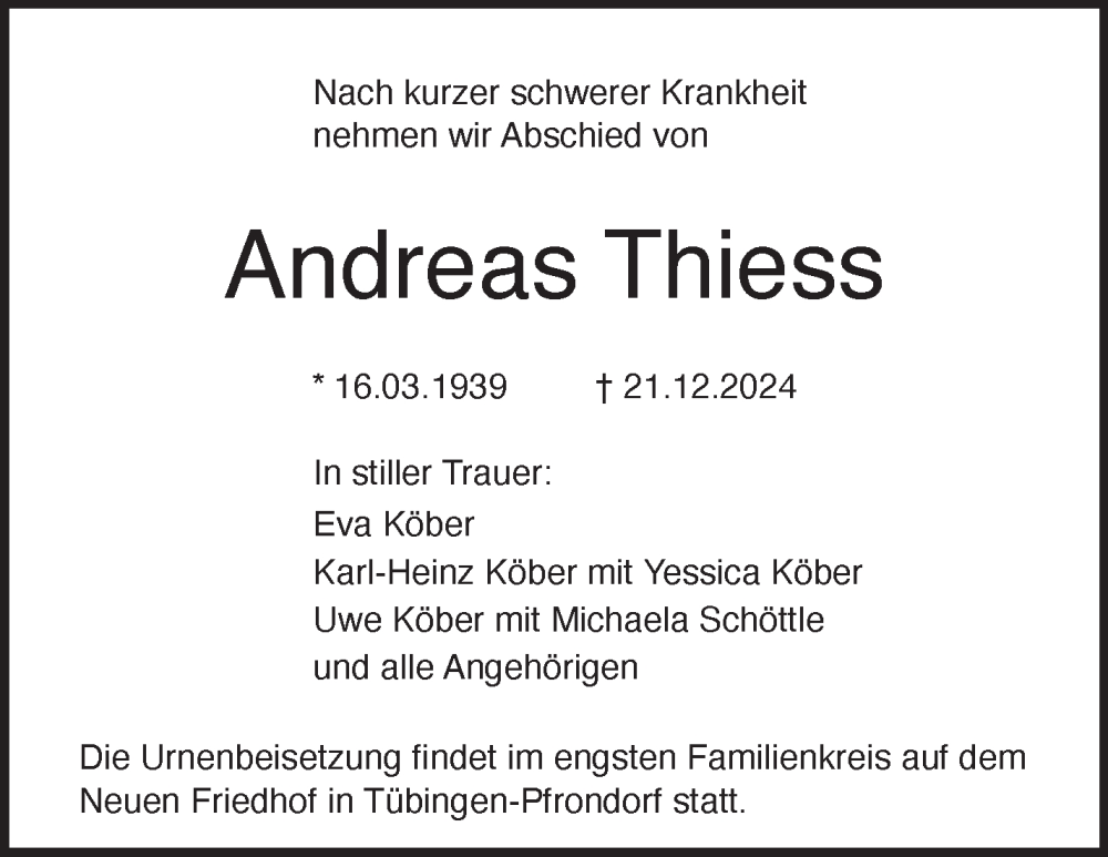  Traueranzeige für Andreas Thiess vom 16.01.2025 aus Kreiszeitung Böblinger Bote