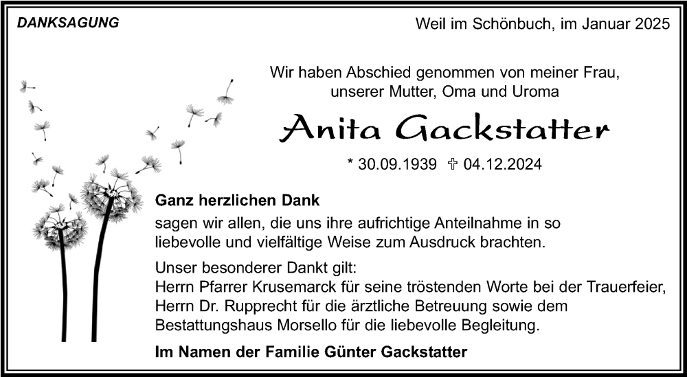  Traueranzeige für Anita Gackstatter vom 03.01.2025 aus Kreiszeitung Böblinger Bote