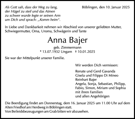 Traueranzeige von Anna Bajer von Kreiszeitung Böblinger Bote