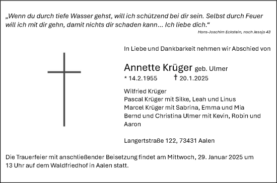 Traueranzeige von Annette Krüger von Kreiszeitung Böblinger Bote