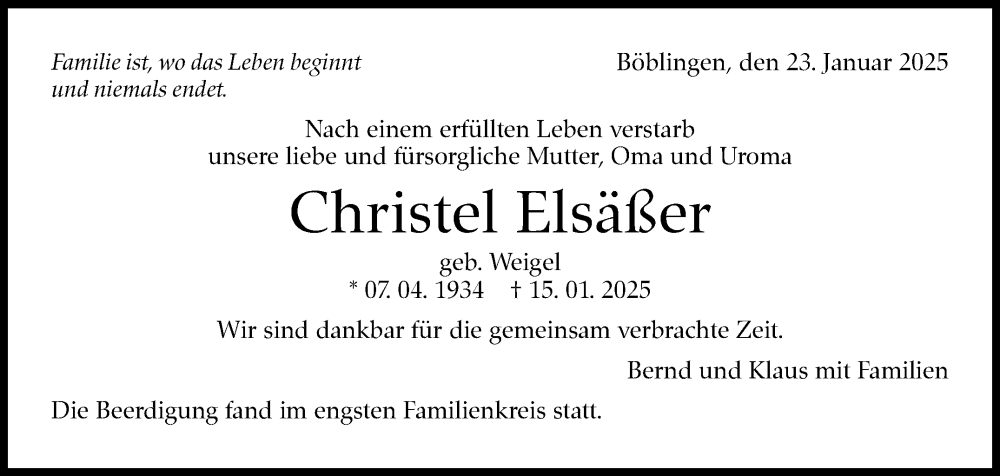  Traueranzeige für Christel Elsäßer vom 23.01.2025 aus Kreiszeitung Böblinger Bote