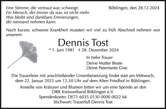 Traueranzeige von Dennis Tost von Kreiszeitung Böblinger Bote