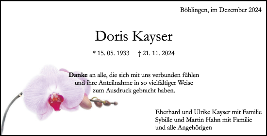 Traueranzeige von Doris Kayser von Kreiszeitung Böblinger Bote