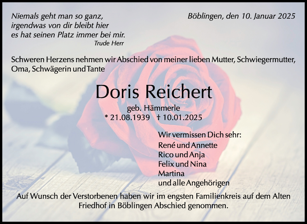  Traueranzeige für Doris Reichert vom 25.01.2025 aus Kreiszeitung Böblinger Bote