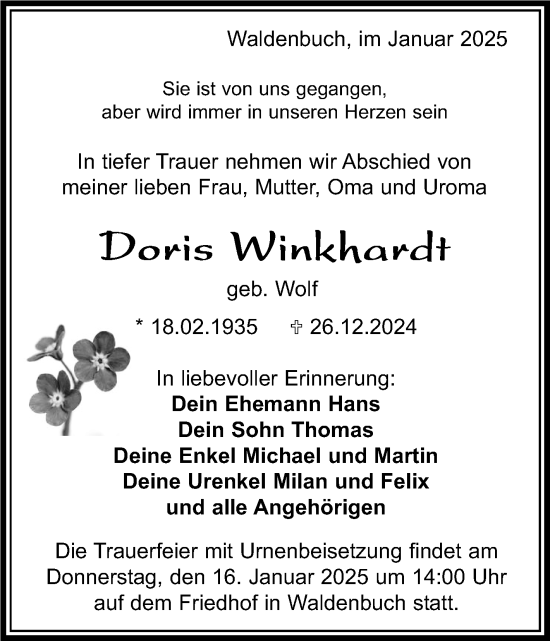 Traueranzeige von Doris Winkhardt von Kreiszeitung Böblinger Bote