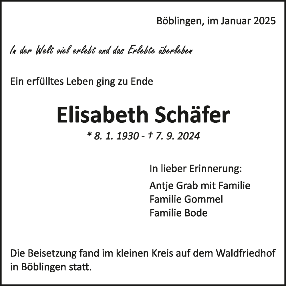  Traueranzeige für Elisabeth Schäfer vom 20.01.2025 aus Kreiszeitung Böblinger Bote