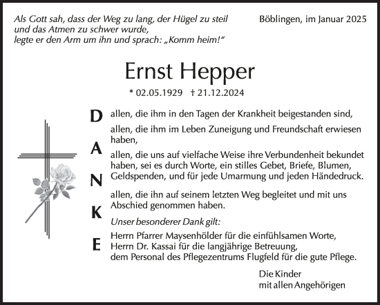 Traueranzeige von Ernst Hepper von Kreiszeitung Böblinger Bote