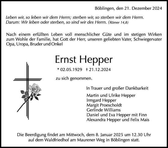 Traueranzeige von Ernst Hepper von Kreiszeitung Böblinger Bote