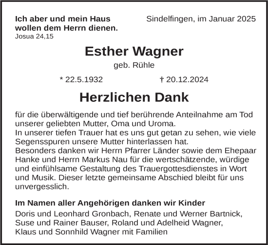 Traueranzeige von Esther Wagner von Kreiszeitung Böblinger Bote