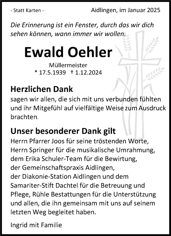 Traueranzeige von Ewald Oehler von Kreiszeitung Böblinger Bote