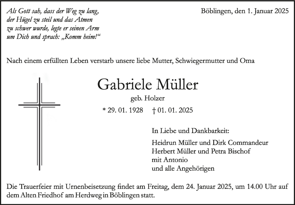  Traueranzeige für Gabriele Müller vom 10.01.2025 aus Kreiszeitung Böblinger Bote