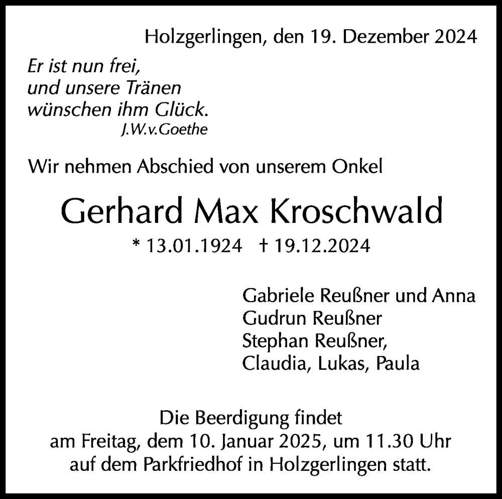  Traueranzeige für Gerhard Kroschwald vom 04.01.2025 aus Kreiszeitung Böblinger Bote