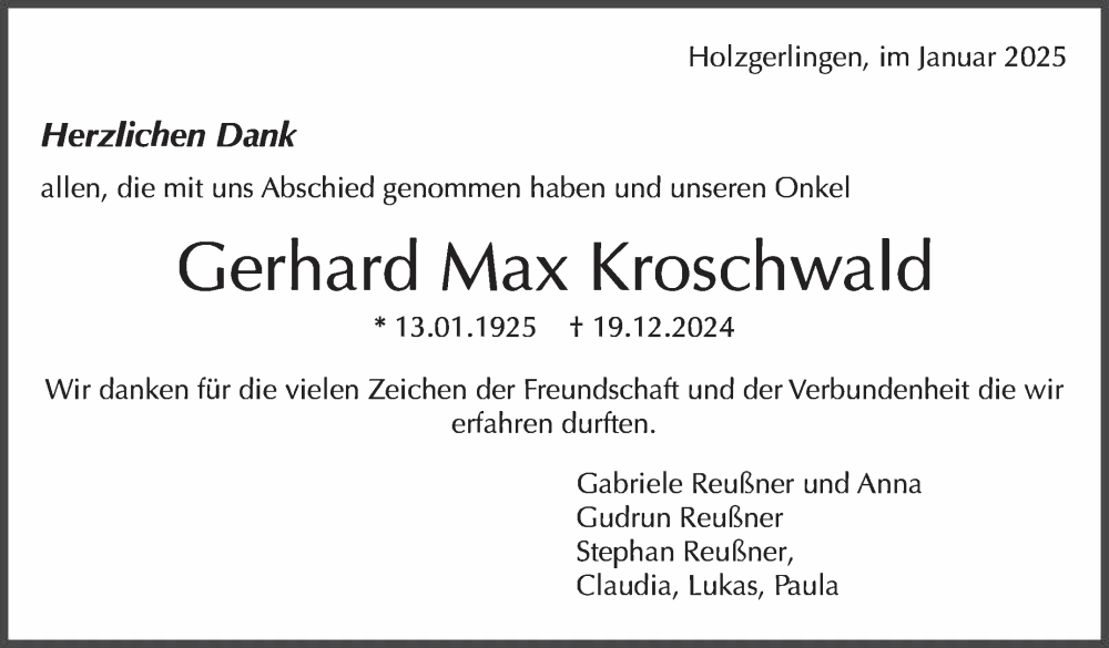  Traueranzeige für Gerhard Max Kroschwald vom 18.01.2025 aus Kreiszeitung Böblinger Bote