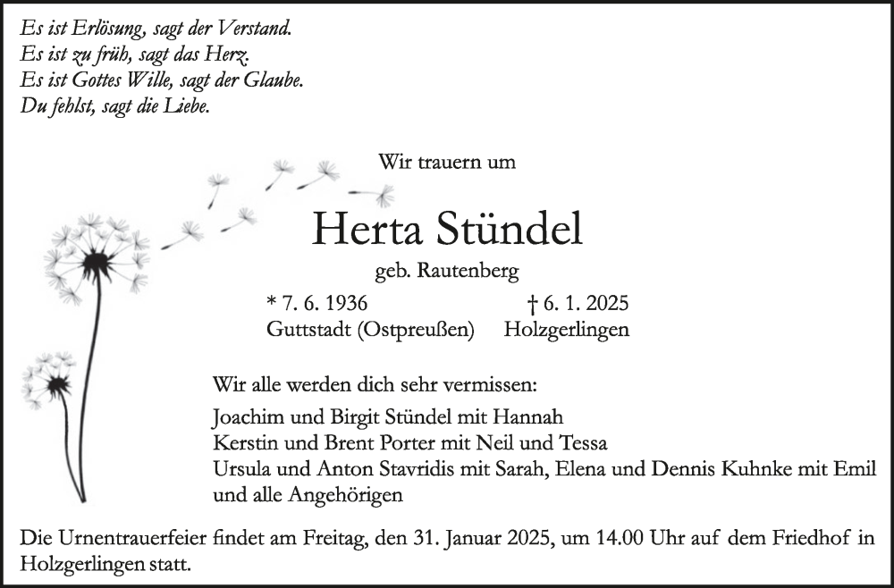  Traueranzeige für Herta Stündel vom 25.01.2025 aus Kreiszeitung Böblinger Bote