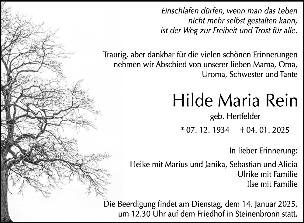  Traueranzeige für Hilde Maria Rein vom 10.01.2025 aus Kreiszeitung Böblinger Bote