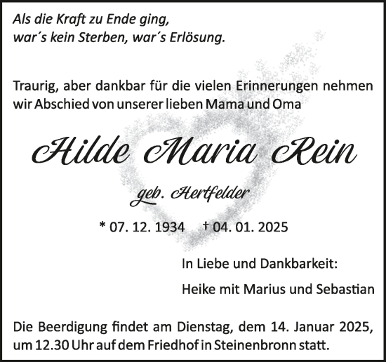 Traueranzeige von Hilde Maria Rein von Kreiszeitung Böblinger Bote