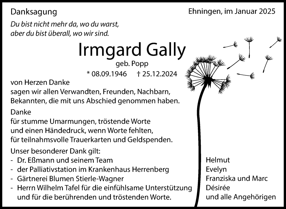  Traueranzeige für Irmgard Gally vom 18.01.2025 aus Kreiszeitung Böblinger Bote