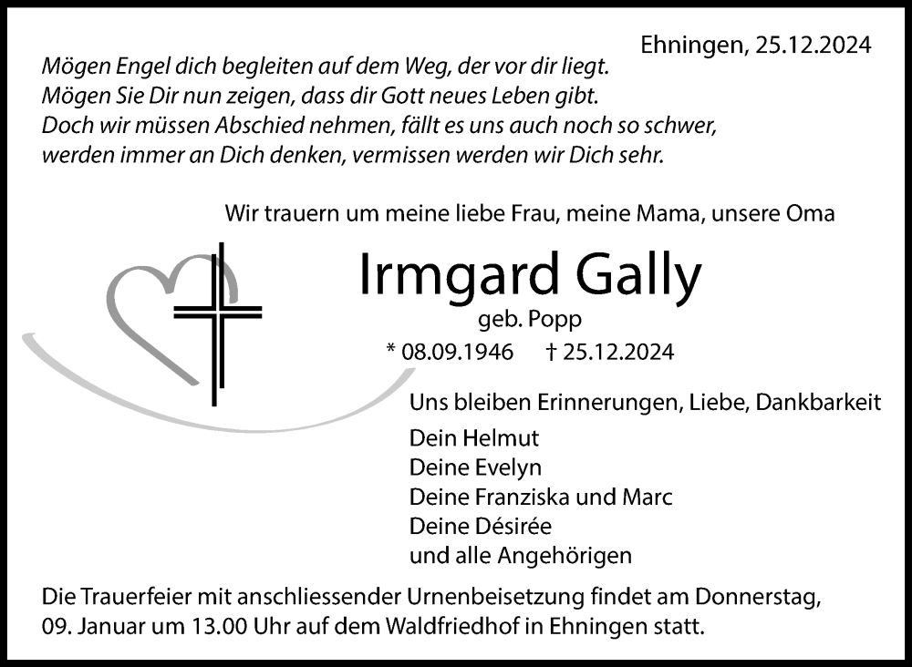  Traueranzeige für Irmgard Gally vom 04.01.2025 aus Kreiszeitung Böblinger Bote