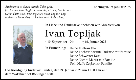 Traueranzeige von Ivan Topljak von Kreiszeitung Böblinger Bote
