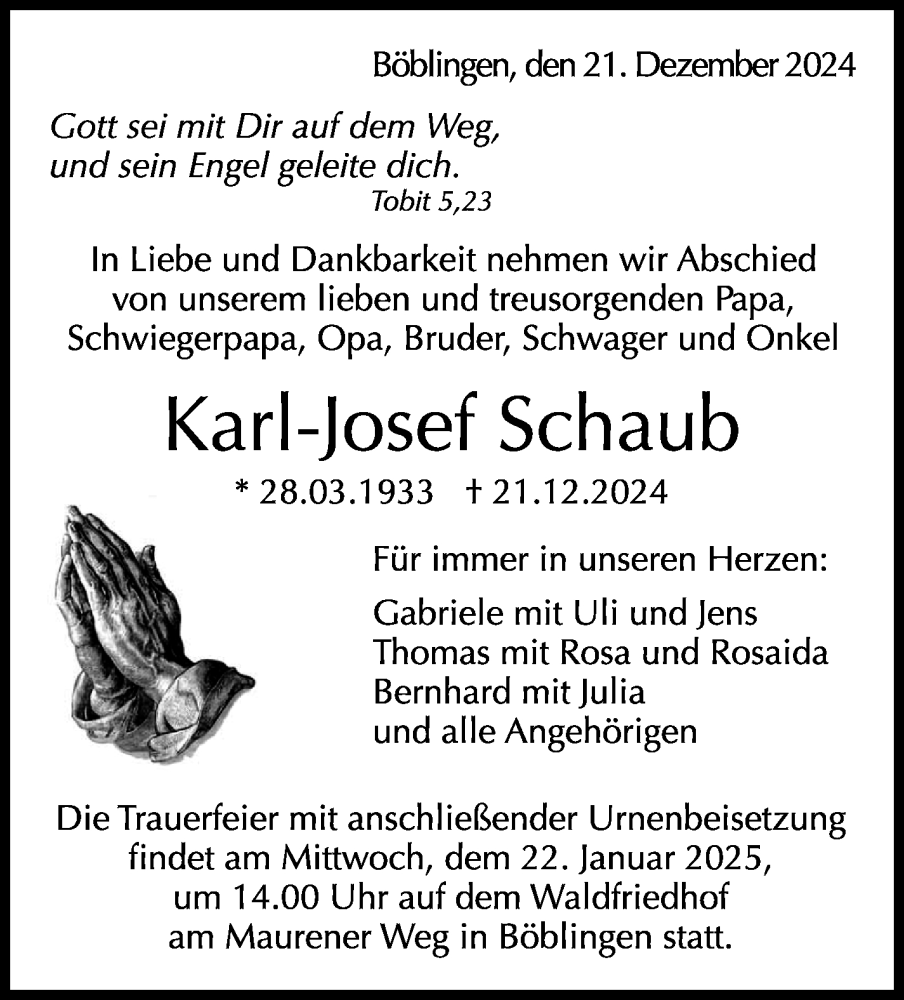  Traueranzeige für Karl-Josef Schaub vom 15.01.2025 aus Kreiszeitung Böblinger Bote