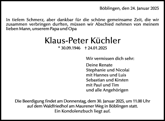 Traueranzeige von Klaus-Peter Küchler von Kreiszeitung Böblinger Bote