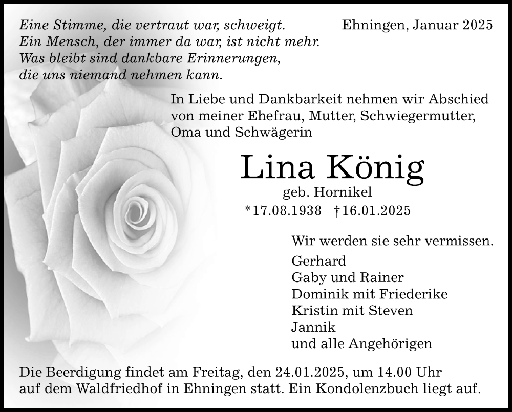  Traueranzeige für Lina König vom 21.01.2025 aus Kreiszeitung Böblinger Bote