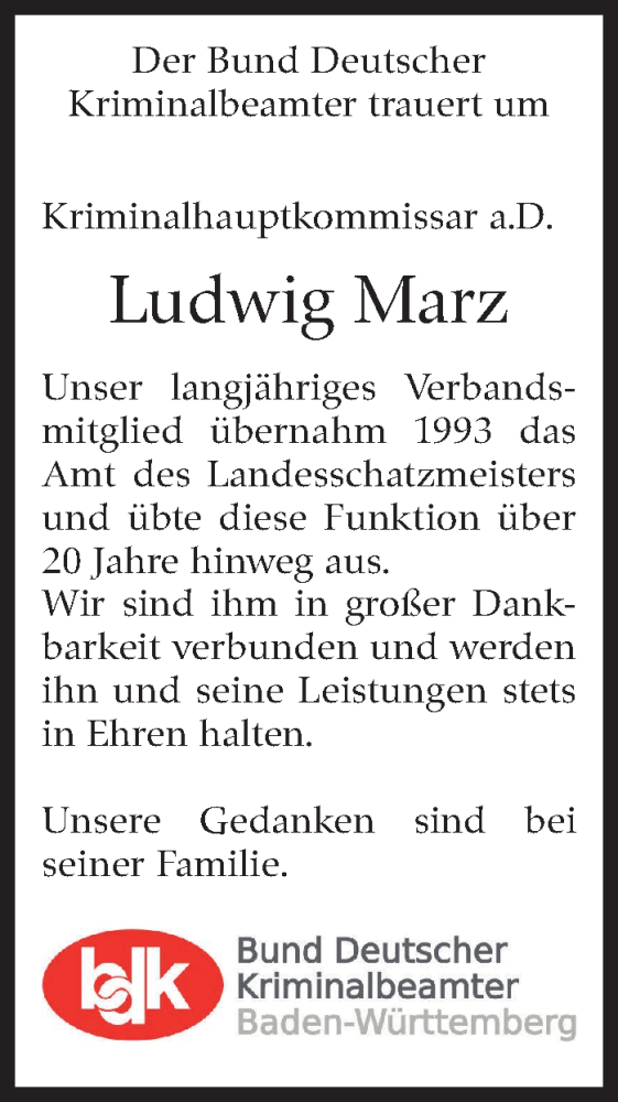  Traueranzeige für Ludwig Marz vom 14.01.2025 aus Kreiszeitung Böblinger Bote
